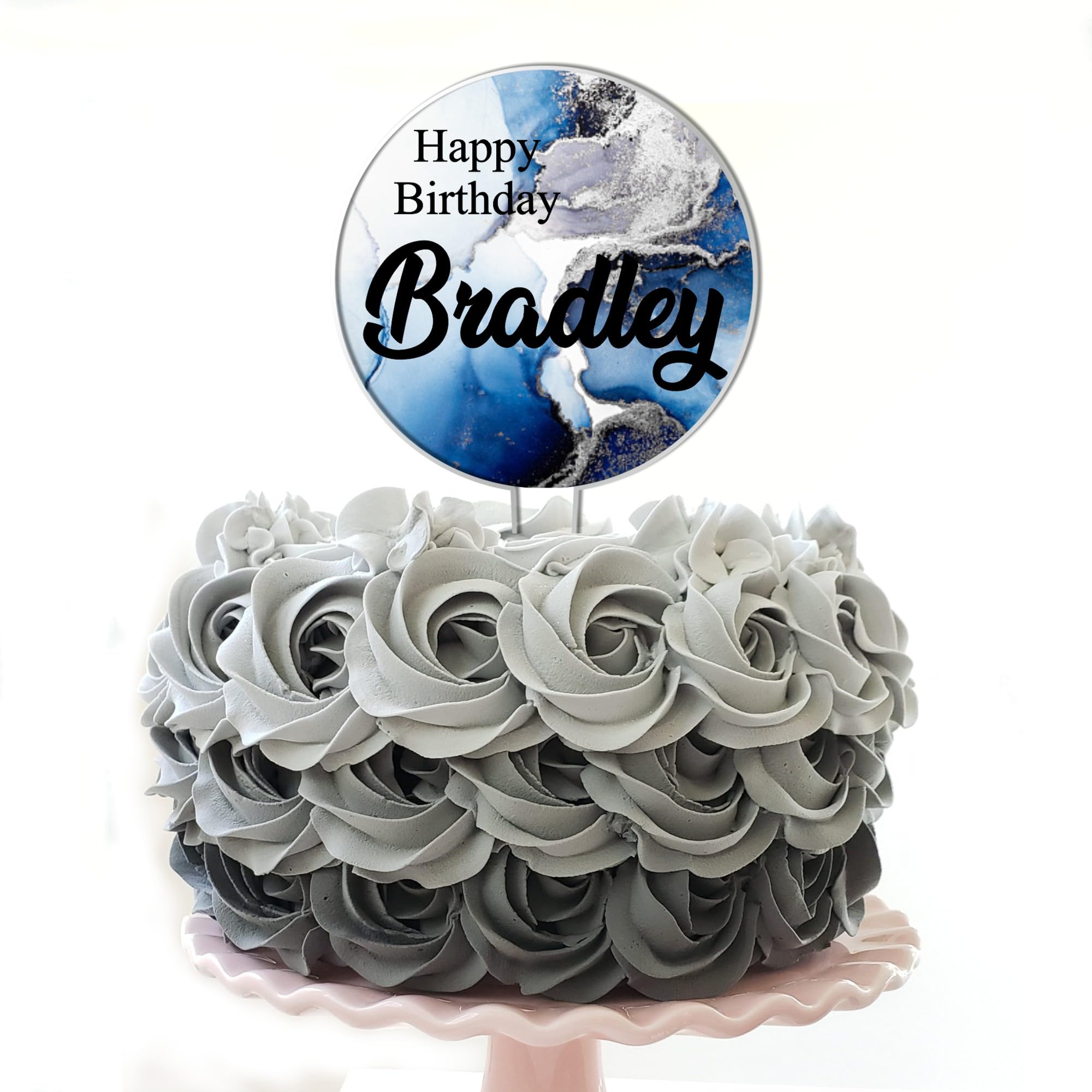 Personalised Acrylic Any Age Birthday Cake Topper – Custom Own Name with 8 Marble Efeect Print Designs To Choose From - Special Birthday Keepsake (Blue & Black)