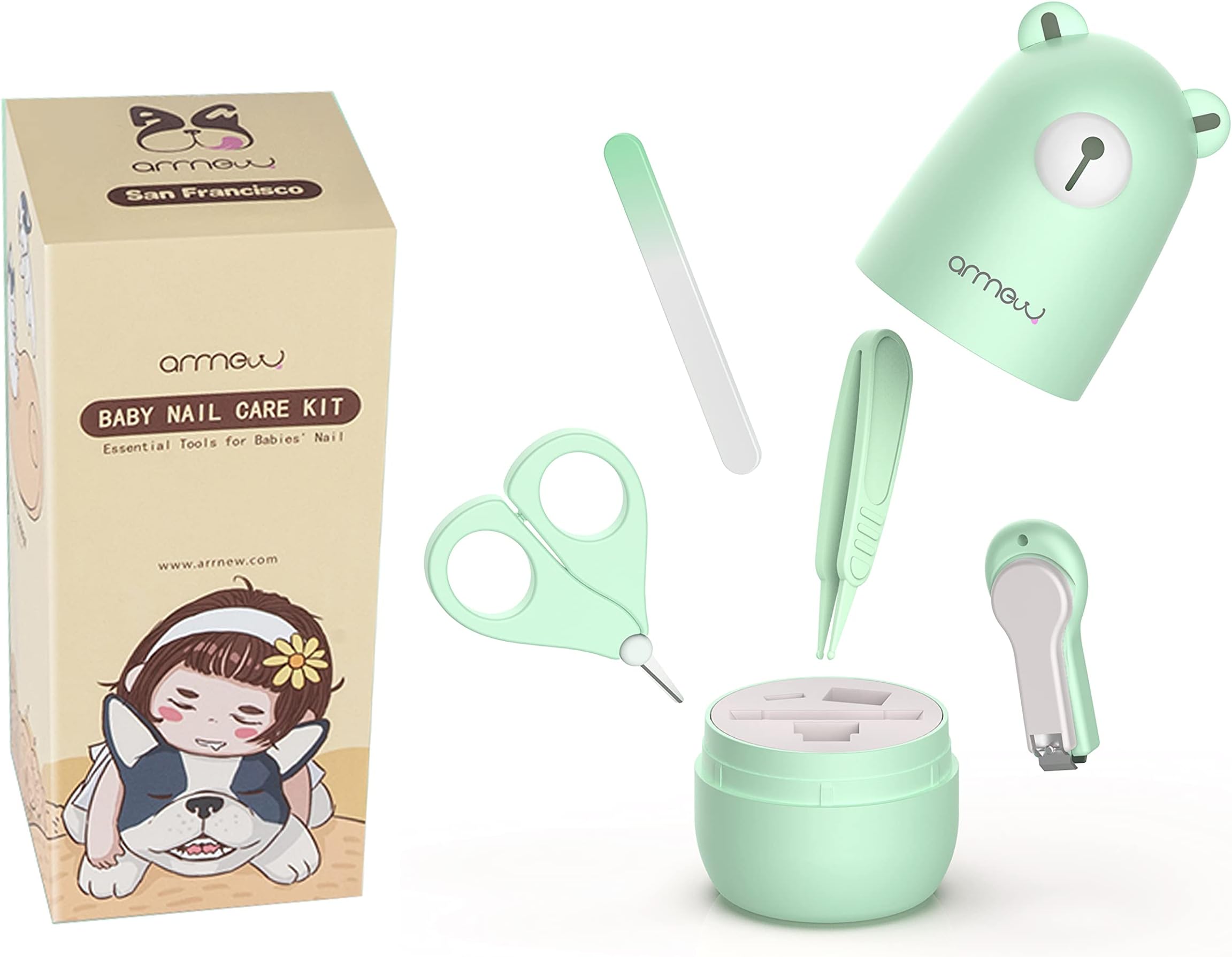 Baby Nail Clippers 4-in-1 Set by ARRNEW| New Born Essential Baby Nail Kit, Baby Nail File, Baby Nail Scissors & Tweezers | Baby Stuff Kids Stuff for Newborn, Toddler and New Moms (Mint Bear)