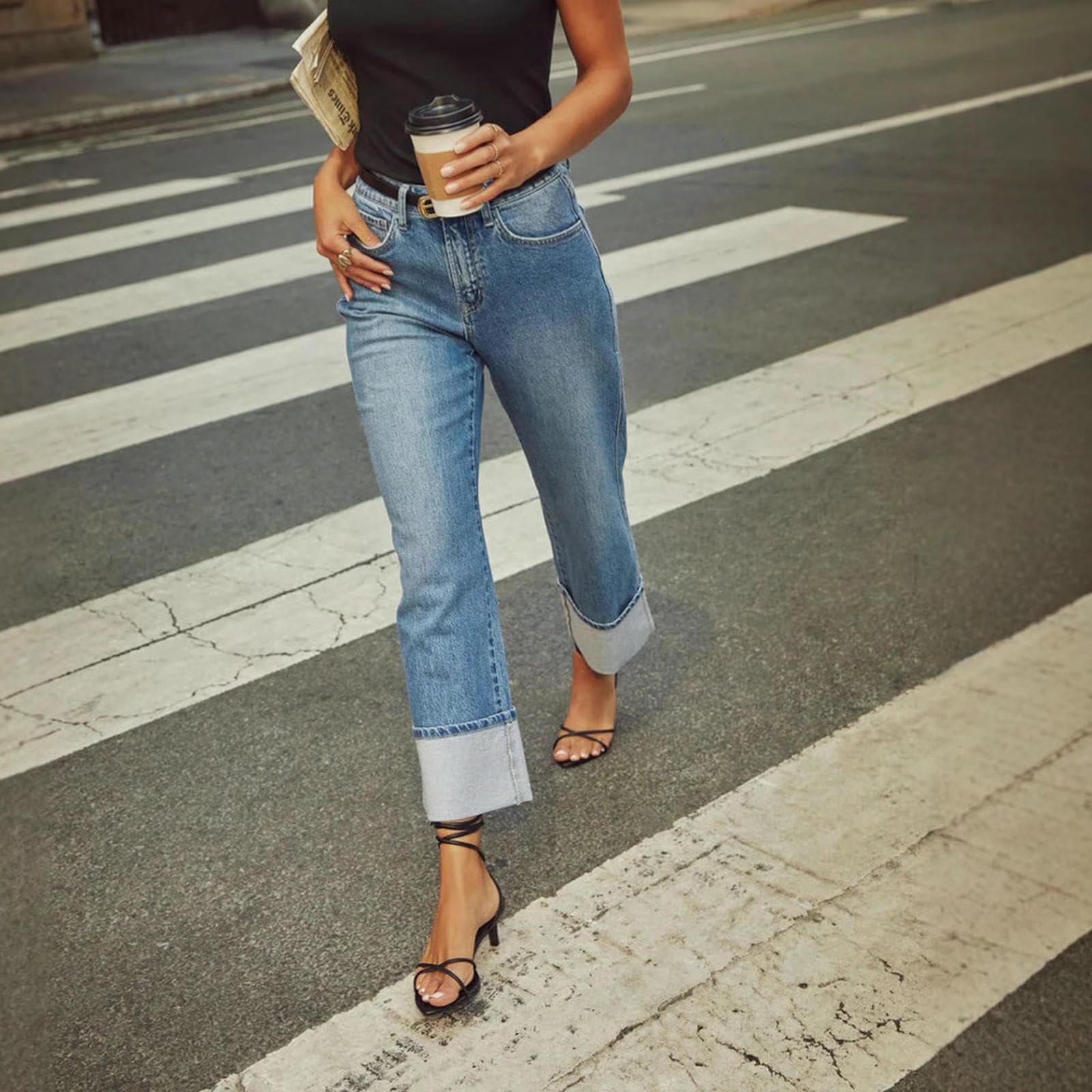 Jeans Donna Larghi A Medio Aumento Femminile Arrotolato Gamba Larga Casual Pantaloni di Denim alla Caviglia Sciolti-Blu-XL