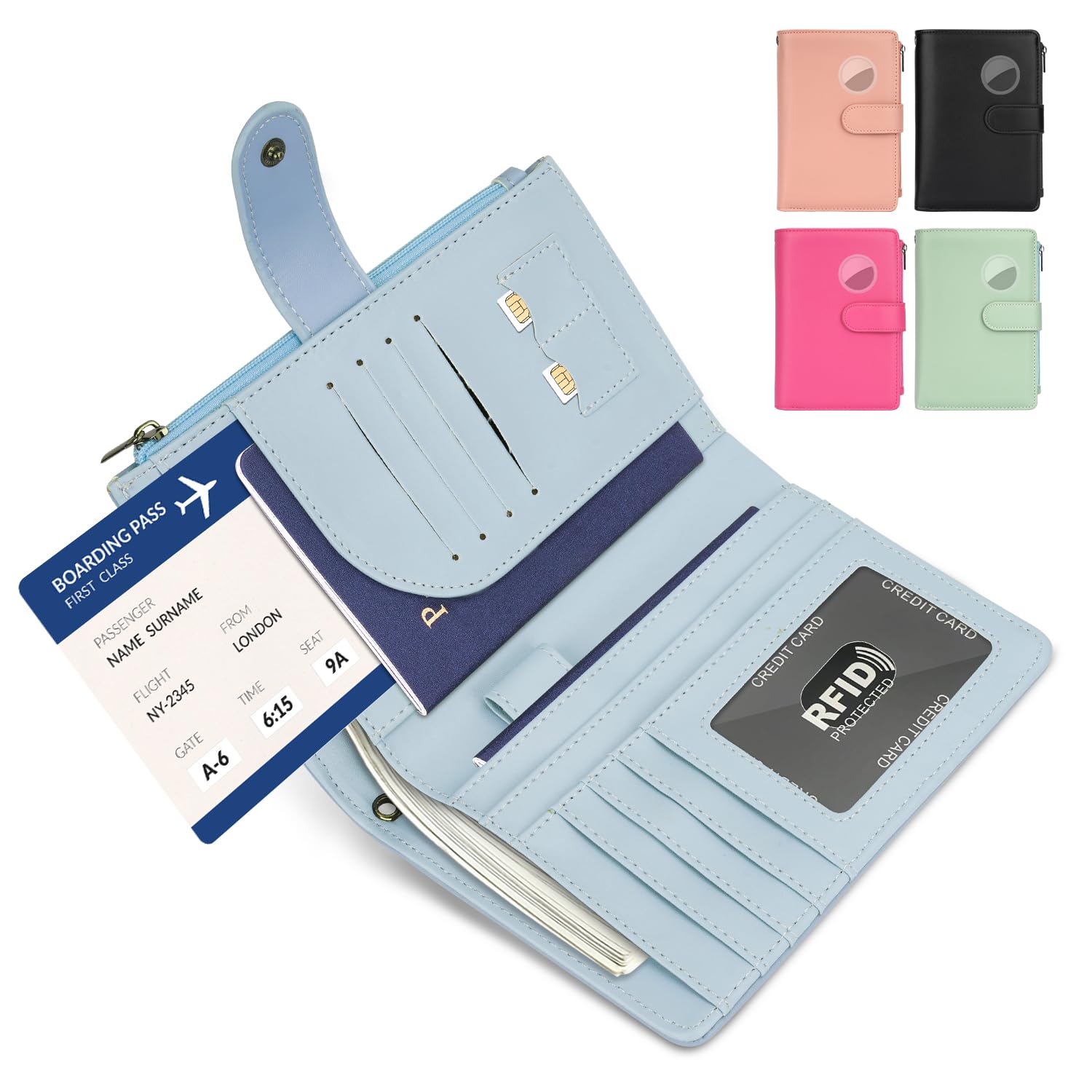 RFID Passport Holder for Women/Men Travel Gifts, Large Capacity Passport Wallet, Family Travel Documents Organizer with Card/Airtag Slots, Zipper coin pocket, Cash Holder Passport Cover Case, Blue-image-10