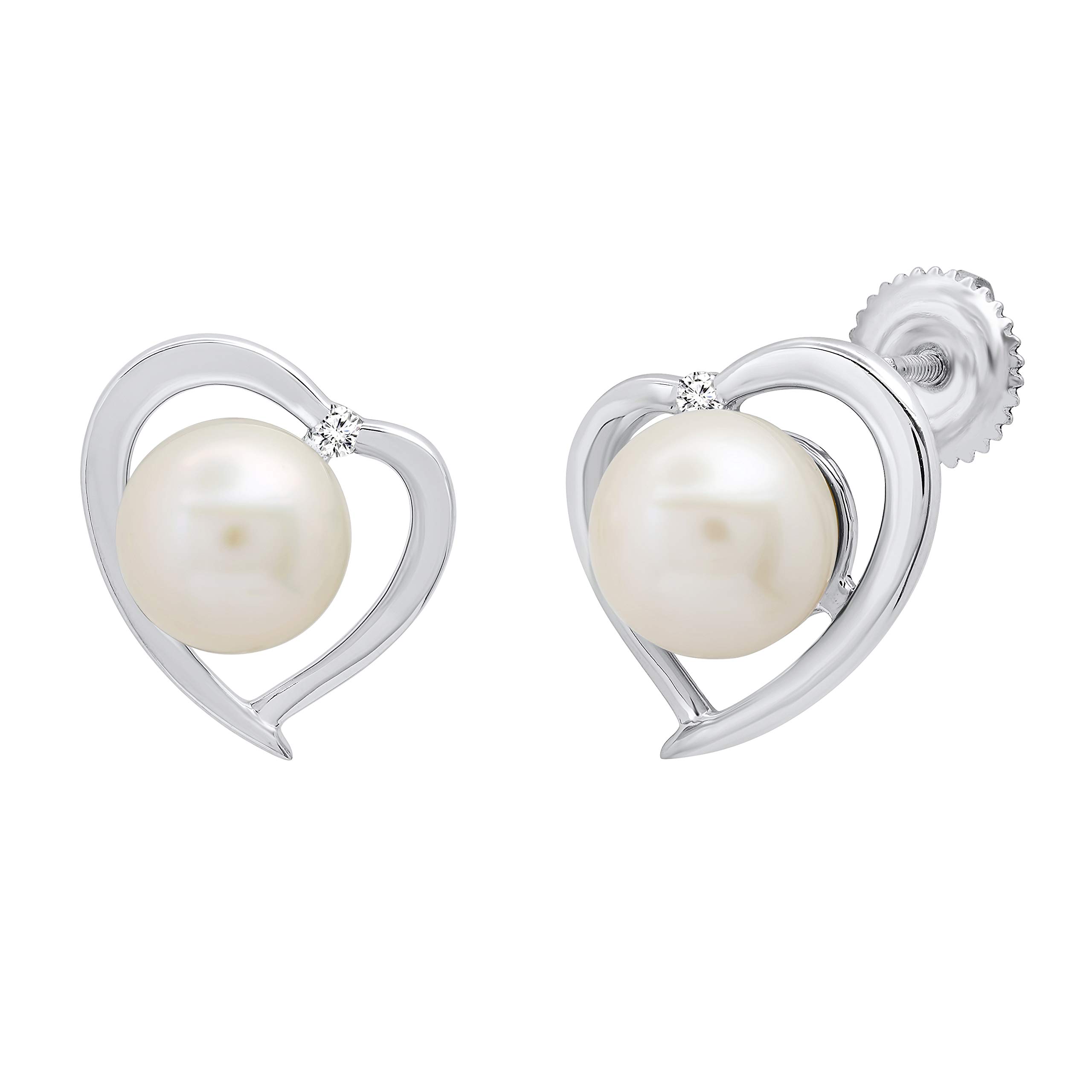 Dazzlingrock Collection 8 mm Each Round White Freshwater Pearl & White Diamond Ladies Heart Stud Earrings, Sterling Silver