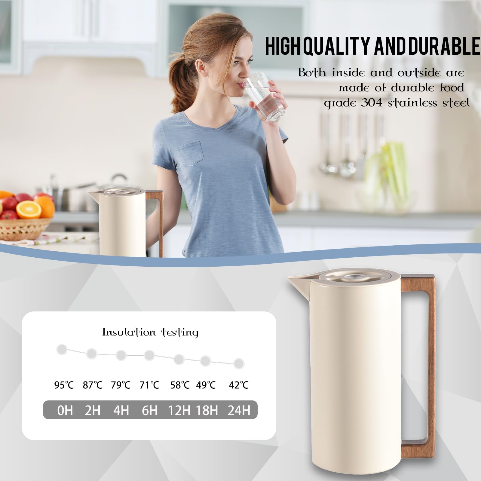 Pichet Isotherme Thermos, Carafe à Café Thermique Acier Inoxydable, Avec Poignée En Bois Et Bouton-poussoir De Sécurité Simple, Pour La Maison, L'hôtel, Le Bureau (Beige,1L)