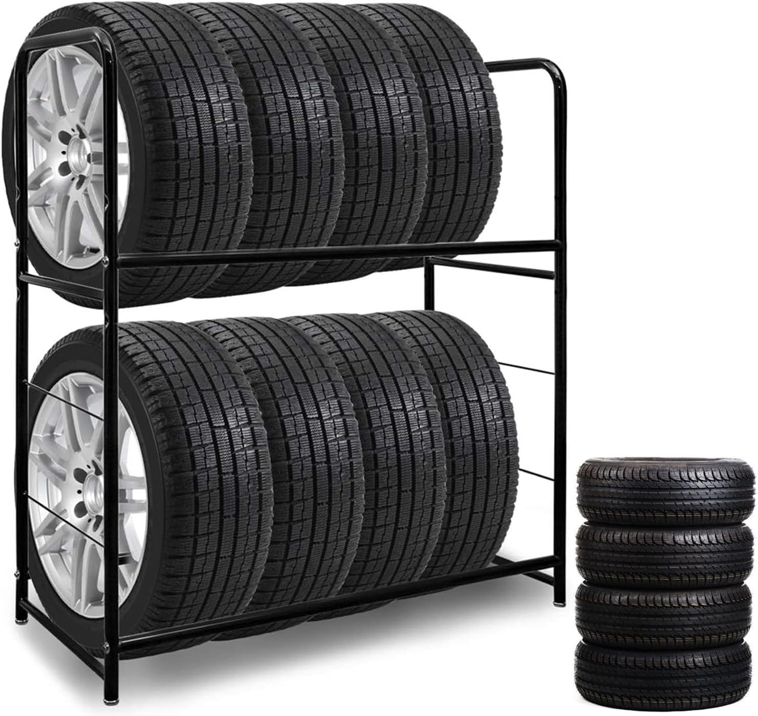 Étagère de rangement pour pneus de voiture à 2 niveaux et support réglable sur pied avec roulettes