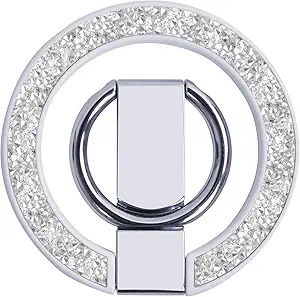 Phone Ring Grip, Magnetic Phone Ring Stand,Ultra Thin Phone Kickstand with Finger Loop, Phone Ring Holder for Mag Safe iPhone 16/15/14/13/12 Series (Glitter Silver Diamond)