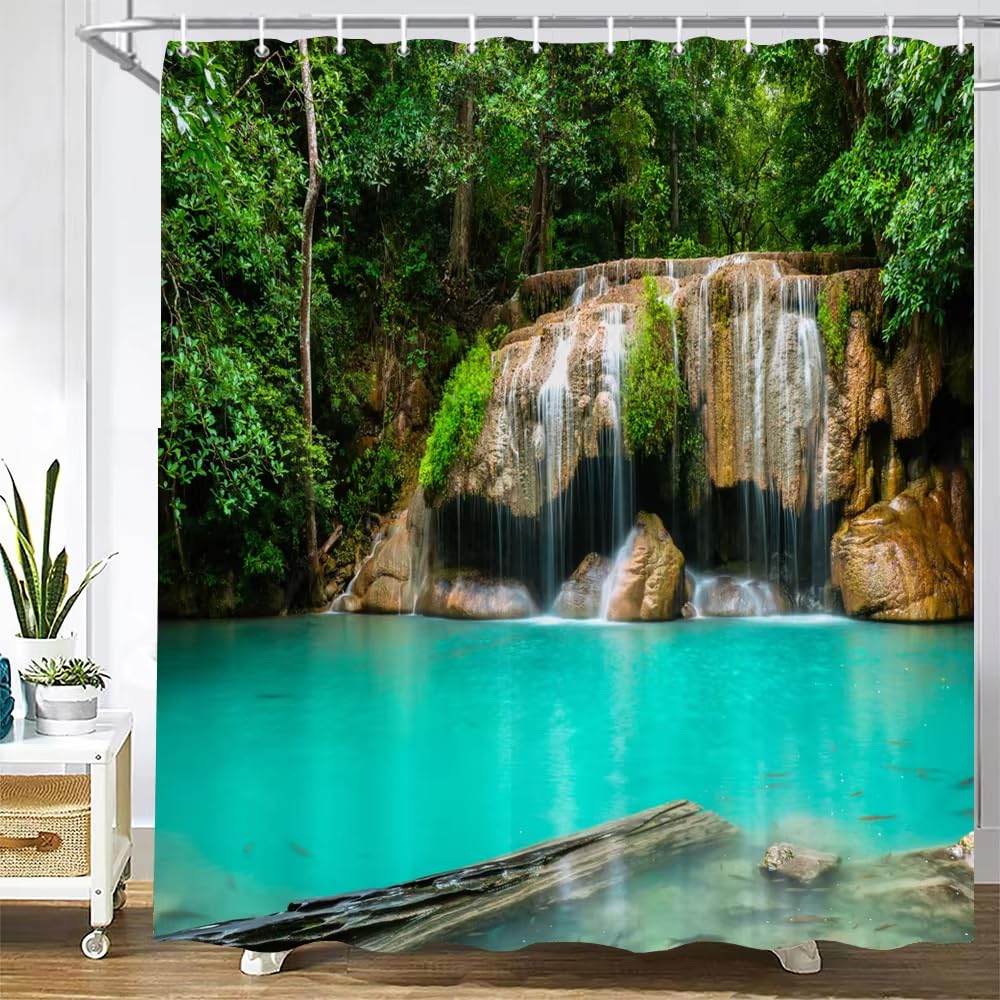 Tenda da doccia con stampa 3D a cascata e foresta verde, impermeabile, con ganci, in tessuto di poliestere (180x300 cm/LxA)