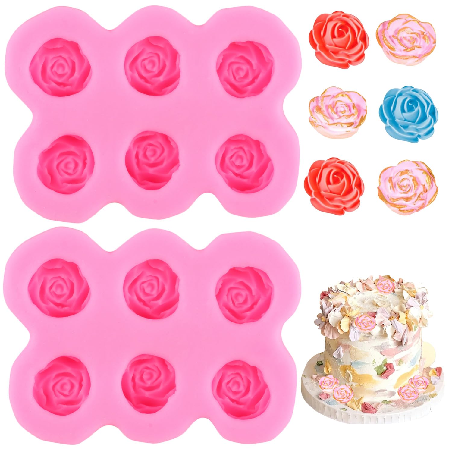 Mujiang Juego de 2 moldes de silicona para fondant con diseño de rosas para decoración de pasteles, pasta de goma de chocolate, caramelo, arcilla polimérica