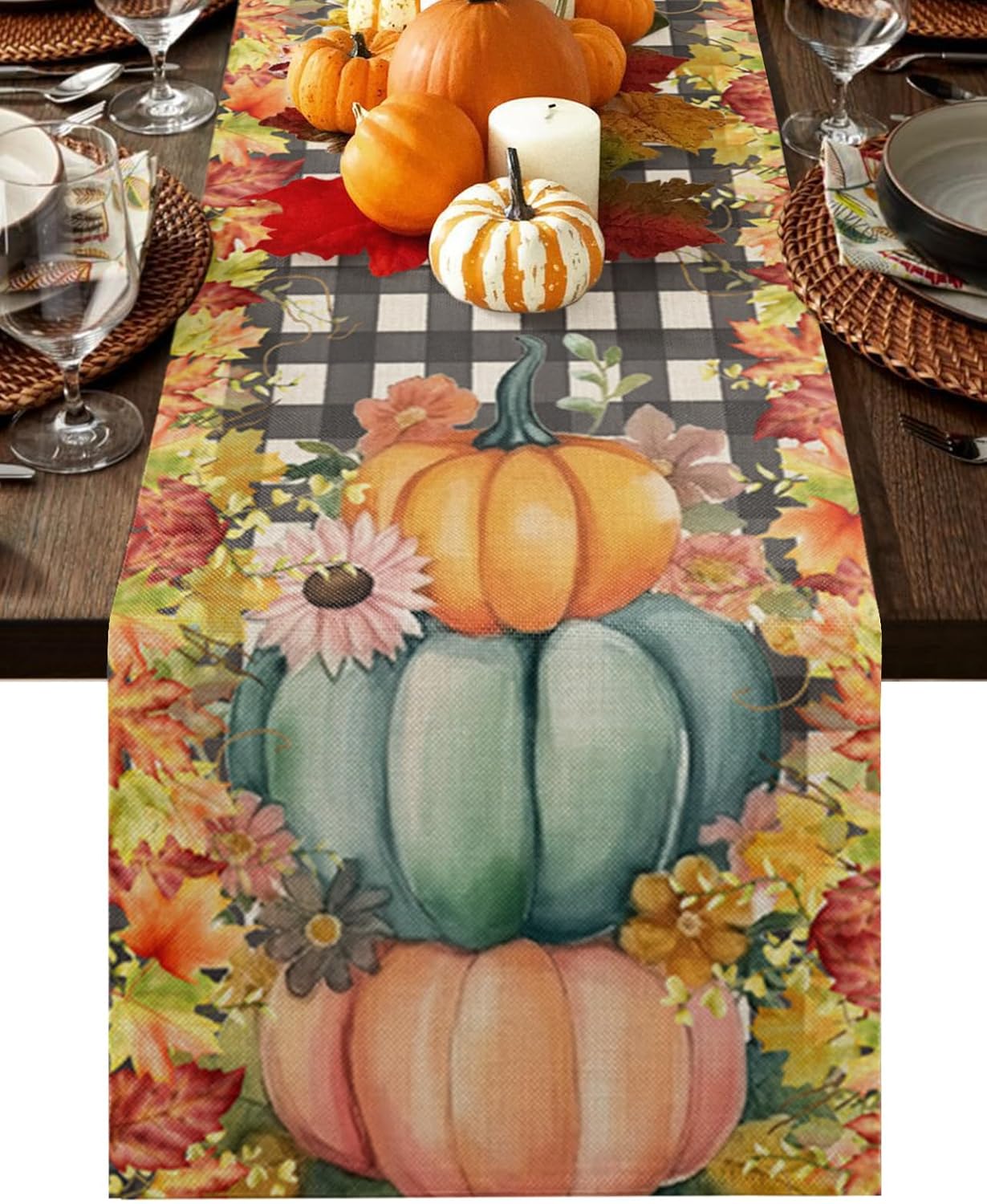 Table Runner 108 Inches Long Thanksgiving Pumpkin Flowers Fall Leaves Black Buffalo Plaid Dining Table Runners Dresser Scarves Farmhouse Coffee Table Runner Kitchen Table Decor for Holiday Party