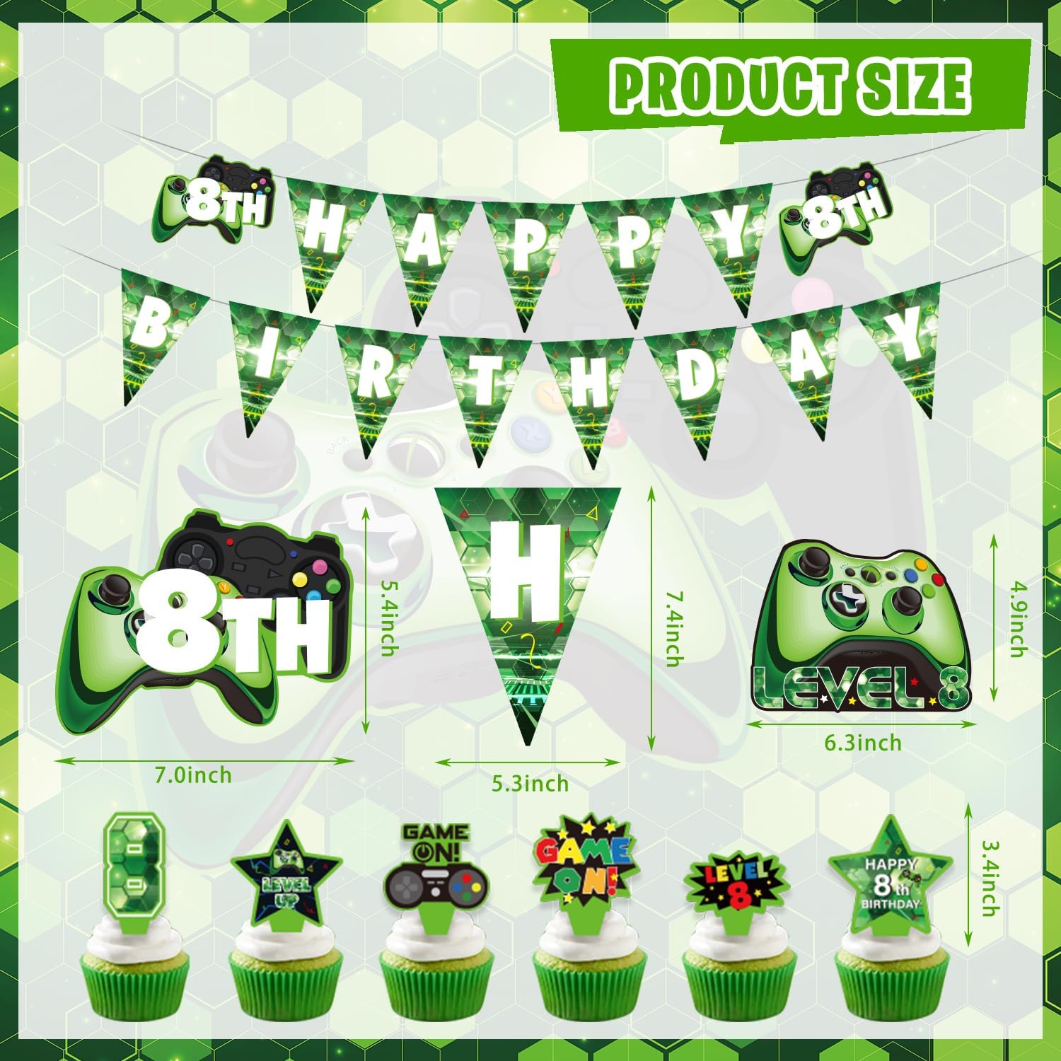 KOTLMIGHT 8th Birthday Decorations for Boys, 148Pcs Green Video Game level 8 Party Supplies for Boy 8th Birthday - Backdrop, Banner, Balloons, Tablecloth, Centerpieces, Hanging Swirl, Hat, Wall Signs