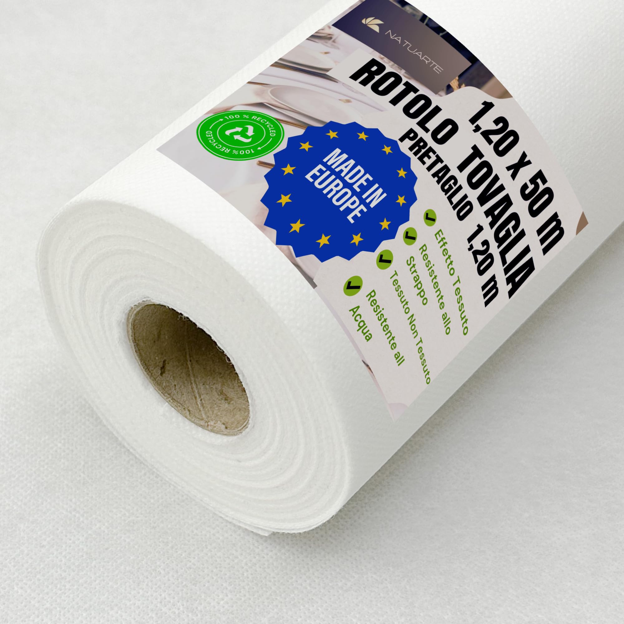 Tovaglia in Rotolo TNT, 1.18 m x 50 m, PRETAGLIO invisibile ogni 1,20 m, Tovaglia Usa e Getta, Effetto tessuto, Celebrazioni Compleanni Eventi, Colore Bianco 1.18x50m