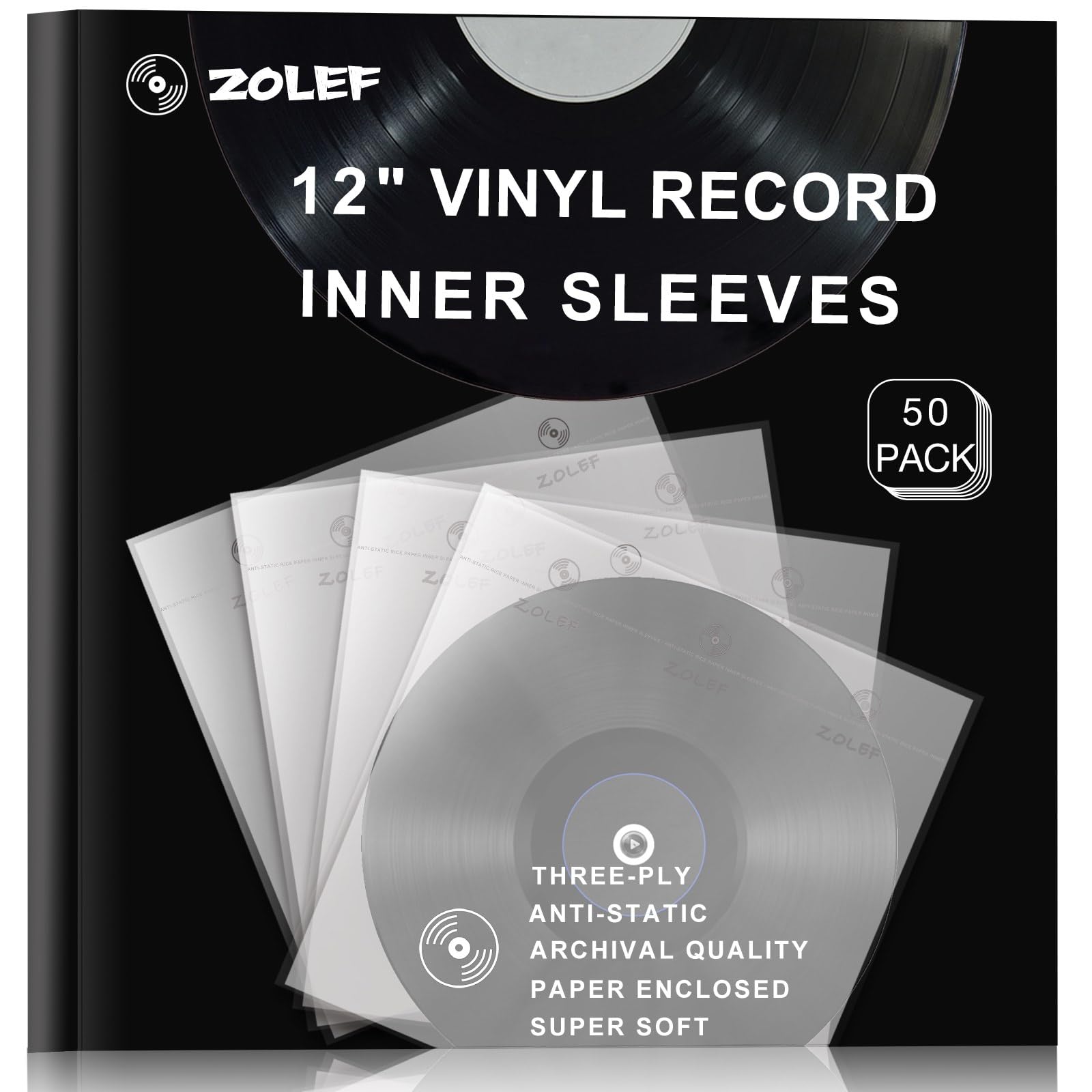 12" Vinyl Record Sleeves Inner 50 Pack, Thicker 3-Ply Anti Static Archival LP Master Style Inner Sleeve with Rice Paper for 33 RPM Records Protection