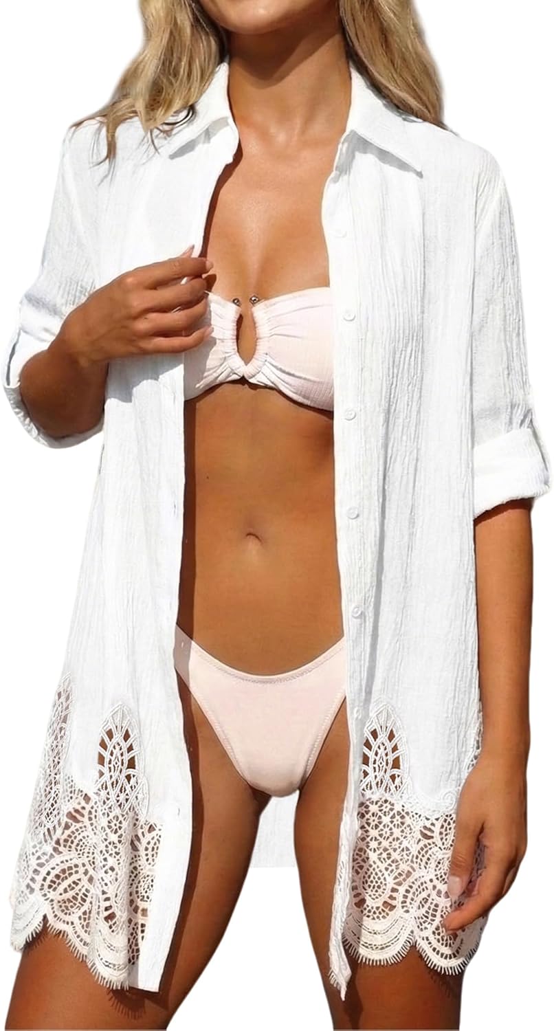 Bsubseach Swimsuit Coverup for Women Button Down Bathing Suit Beach Shirt Dress Long Sleeve Blouse Top with Lace - Image 4