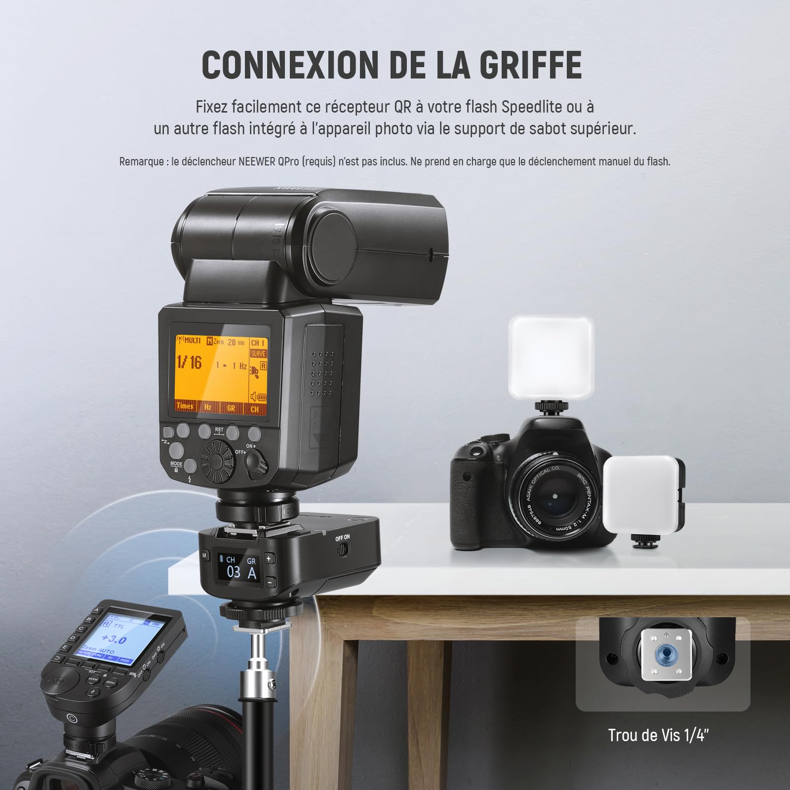 NEEWER Récepteur Flash sans Fil QR 2,4G pour Déclencheurs NEEWER QPRO-C/QPRO-N/QPRO-S, Contact Unique avec Port de Sync 2,5mm, Filetage 1/4", Compatible avec Godox Yongnuo NEEWER Vision4 S101 NW700