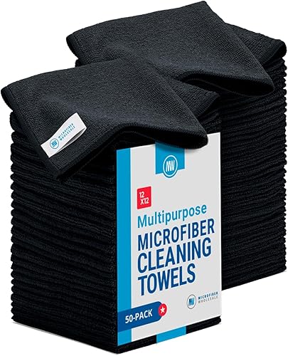 Microfiber Wholesale Paños de limpieza de 12 x 12 pulgadas (paquete de 50) toallas reutilizables, trapos de lavado, paño para polvo, todo uso: Negro