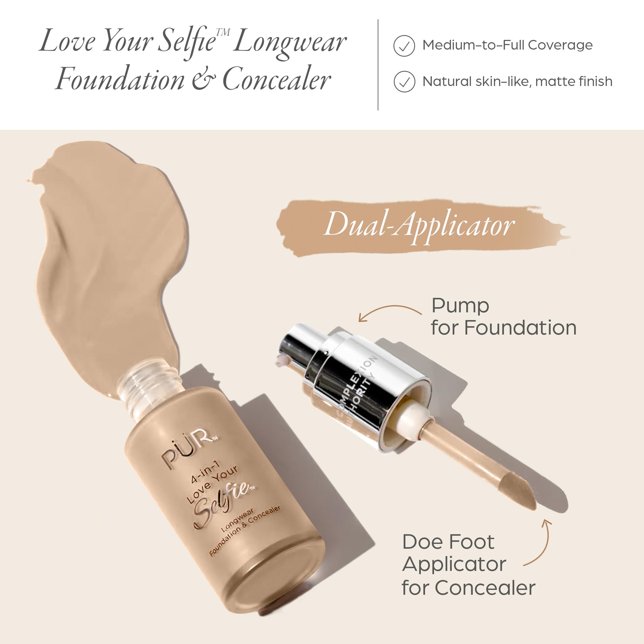 PUR Cosmetics 4-in-1 Love Your Selfie Longwear Foundation and Concealer - Unique, Dual-Applicator Component - Covers Blemishes and Imperfection - Reduce Fine Lines and Wrinkles - TN3-1 oz Makeup