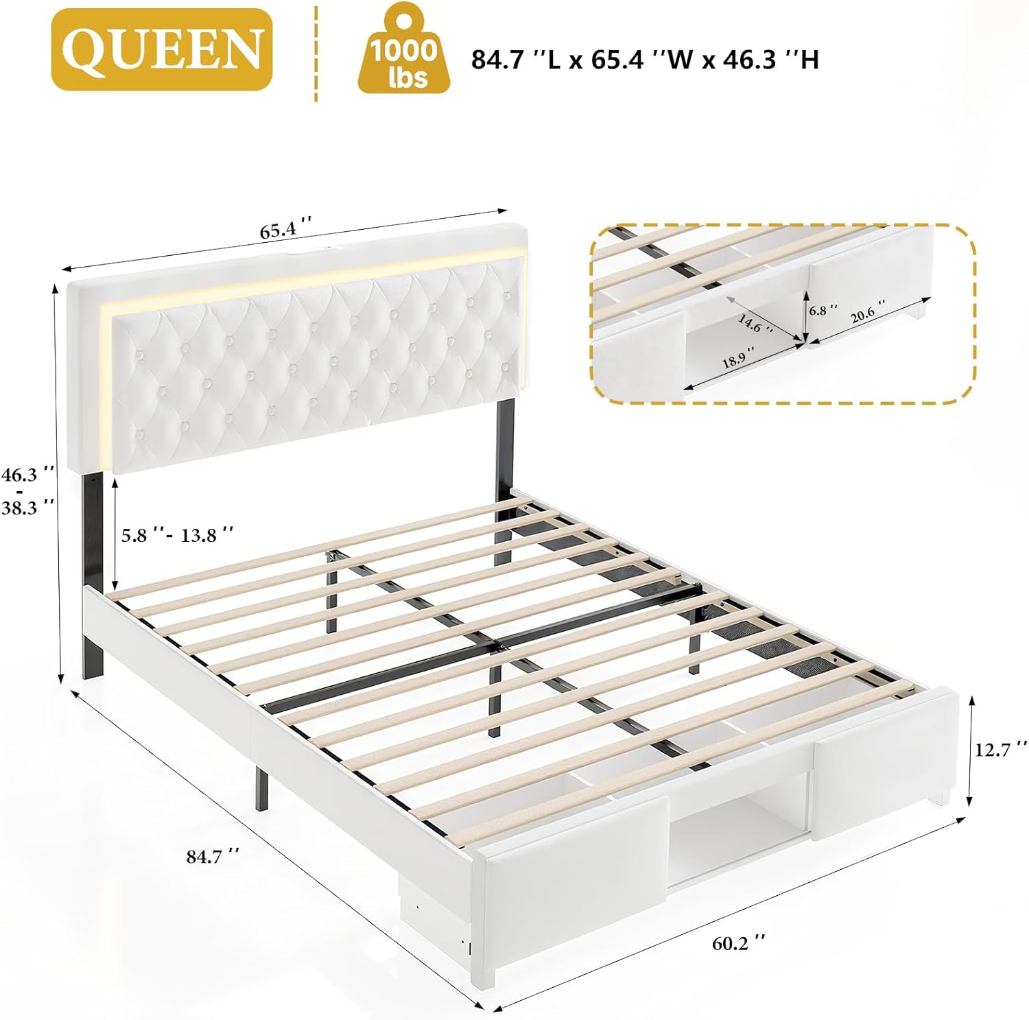 Queen Bed Frame with Sliding Barn Door Storage Cabinets,Bed Frame Queen Size Button Tufted Platform with Adjustable Comfortable Headboard,LED Lights,Charging Station,Solid Wooden Slats,Noiseless