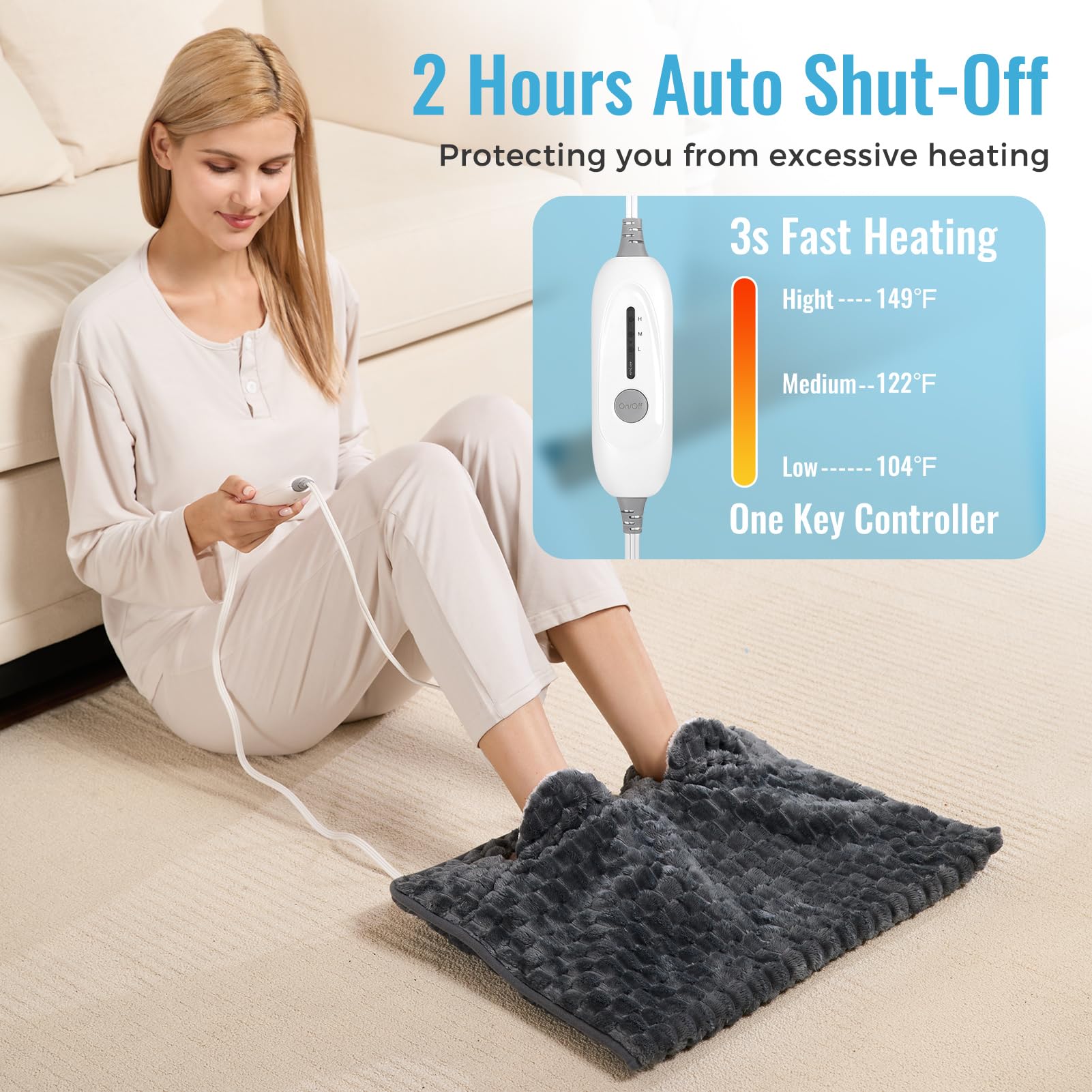 Calentador eléctrico de pies de franela suave con calefacción para pies con apagado automático de 2 horas y 3 niveles de calor para uso de cuerpo completo, almohadilla térmica para pies, abdominales