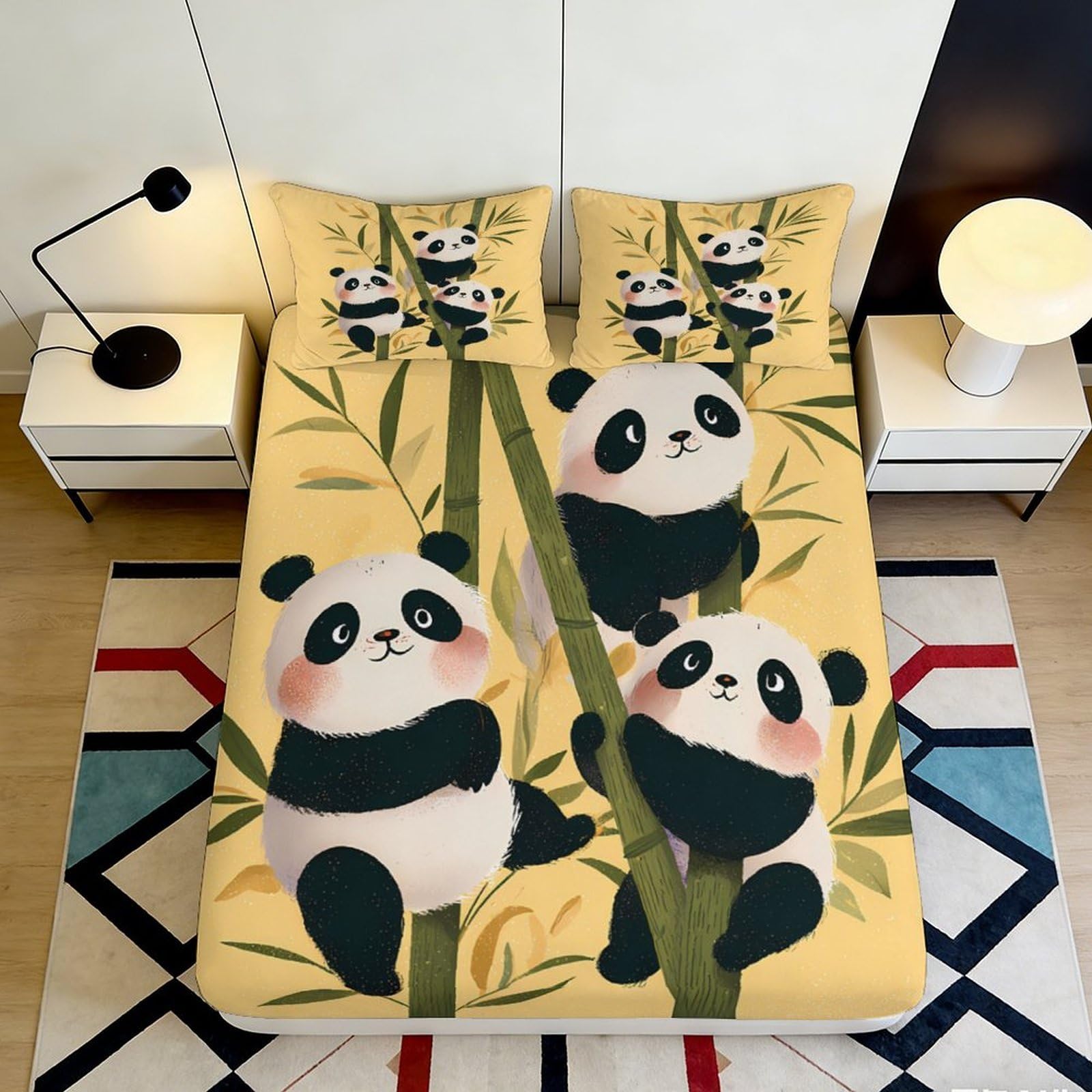 3D Printed Cute Panda Bamboo Fitted Sheet Microfiber Soft Anti-Slip Bed Sheet for Bedroom Dorm Mattress Cover 140x200x25cm