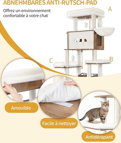 Hzuaneri Arbre à Chat avec Meuble Litiere Chat, 173 cm, Blanc et Marron - 7