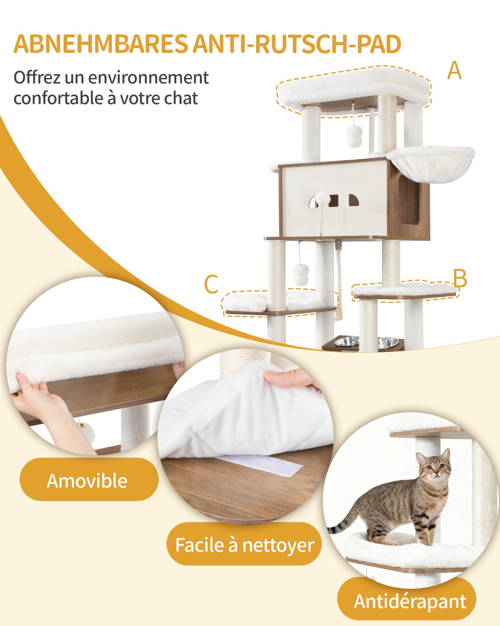 Hzuaneri Arbre à Chat avec Meuble Litiere Chat, Mangeoire, Hauteur 173 cm, avec Grande Plateforme, Corde en Sisal, Hamac, Coussin Lavable, Balles en Peluche, Blanc et Marron CB89014WT