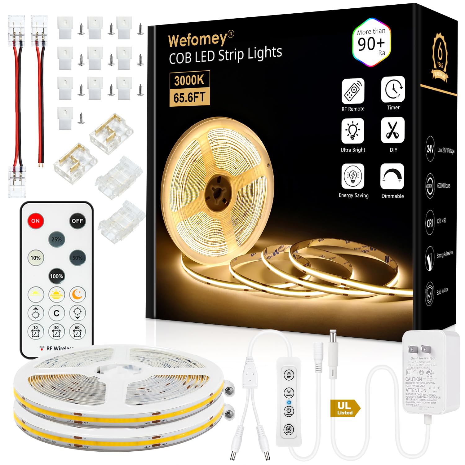 Wefomey COB LED Strip Light Warm White, 66ft Dimmable 3000K Super Bright White Led Lights with Remote, 24V Flexible LED Tape Light for Bedroom, Kitchen, DIY Lighting (2 Rolls of 33ft)