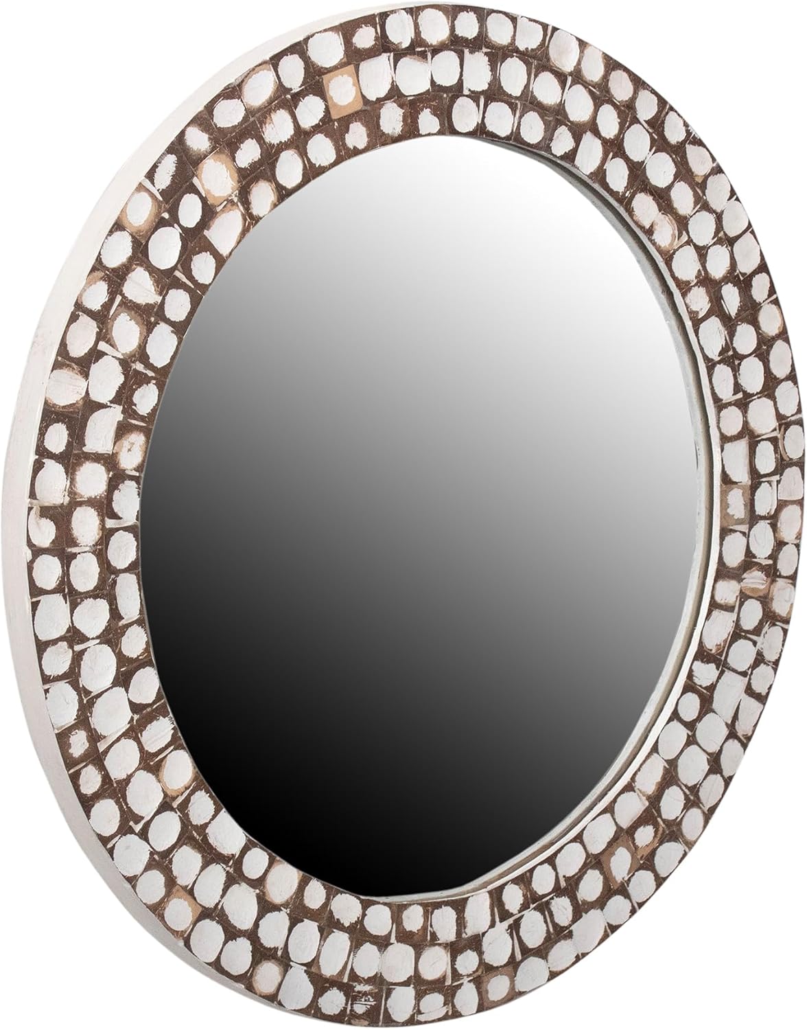 East at Main Round White Wall Mirror with Coconut Shell Frame – 28.25" Handcrafted Boho Accent Mirror for Bathroom, Living Room, or Entryway – Decorative Rustic Mirror with Painted Natural Texture