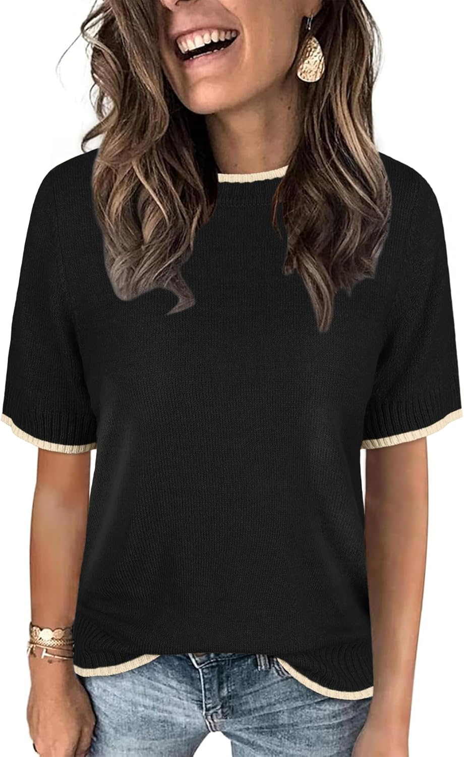 Libsorge Womens Lightweight Cute Short Sleeve Sweater Spring 2025 Trendy Outfits Crewneck Thin Sheer Knit T-Shirt Tops