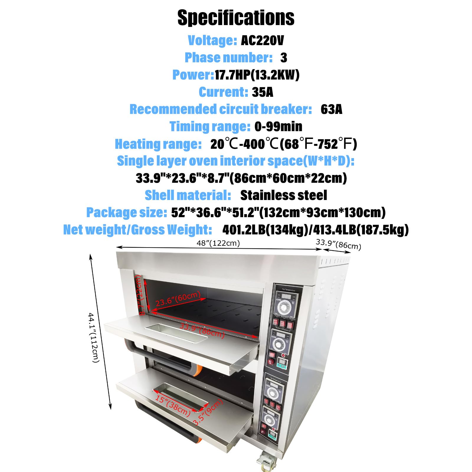WYDDDARY Commercial Double Oven Heats up to 400°C Movable Stainless Steel Pizza Oven with 4 Baking Sheets for Commercial Kitchen AC220V