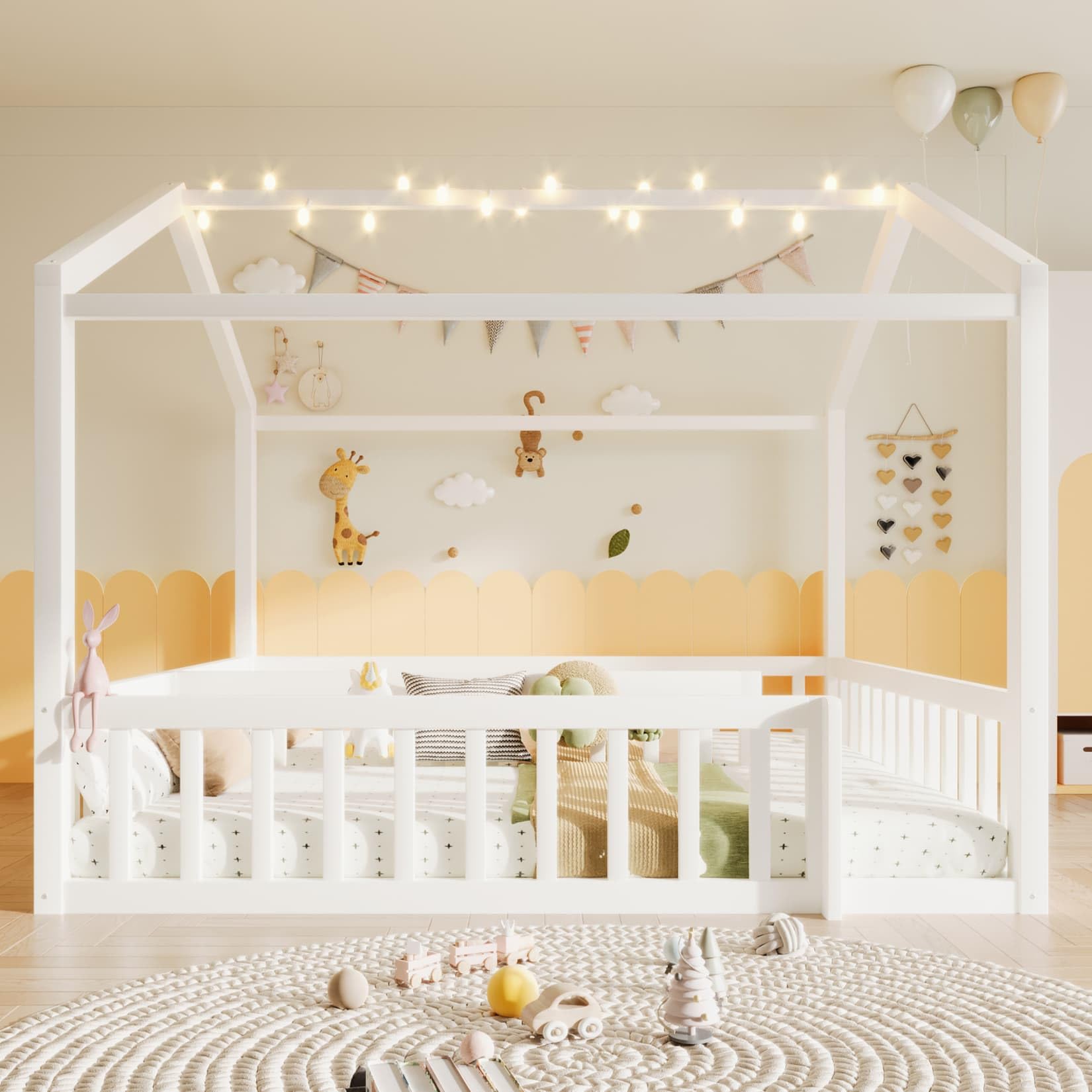 Lit Cabane 90x190cm*2/180x190cm en Pin,Lit au Sol Montessori 2 Places avec Éclairage LED,Barrières Hautes,Sommier à Lattes Robuste,pour Garçons Filles(Blanc 2, 90x190)