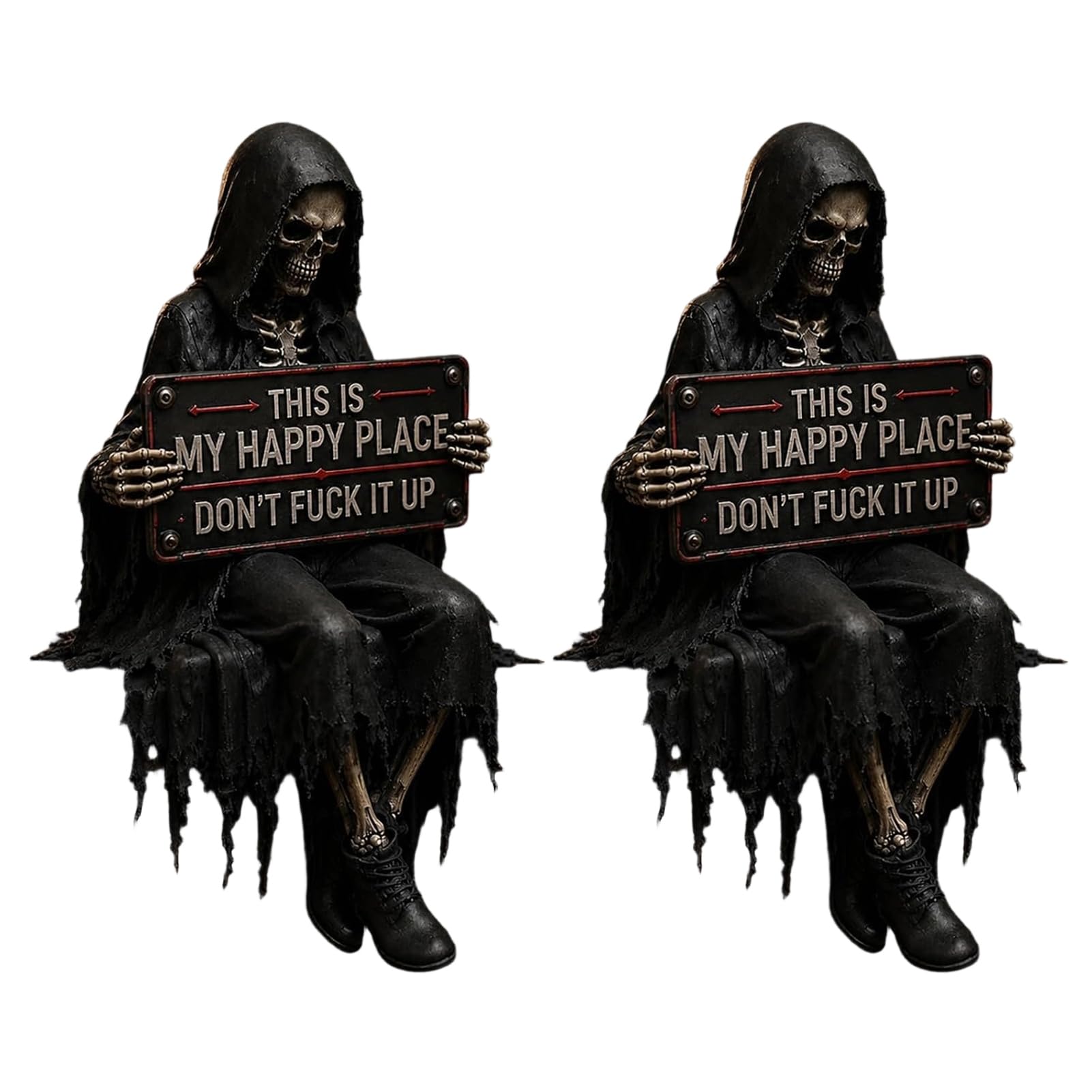 tabecou “This Is My Happy Place” Skeleton Bookshelf Decor, Gothic Reading Figurine – Dark Skull Statue for Desk, Shelf Nook, Halloween Fantasy Gift 2pcs