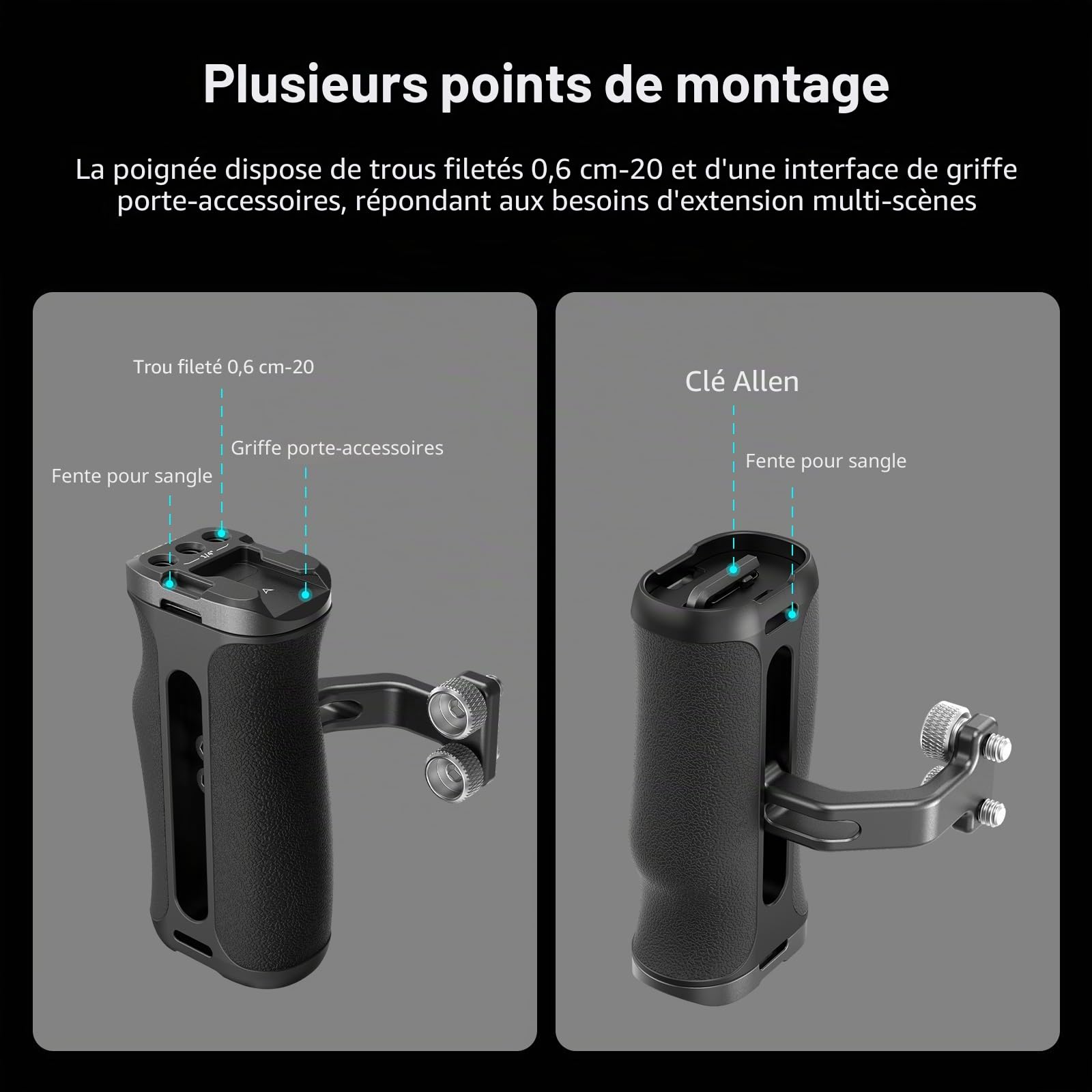 SMALLRIG Mini poignée latérale avec vis 1/4" -20 pour cage de caméra, réglable de haut en bas, pour main gauche ou droite, poignée de caméra ergonomique avec griffe froide intégrée et trou fileté-4756