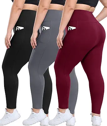 3 Pack Plus Size Leggings with Pockets for Women - High Waisted Tummy Control Spandex Soft Black Workout Yoga Pants