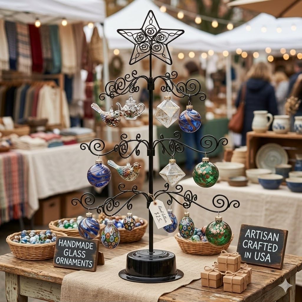 HOHIYA Rotating Ornament Display Tree Stand 24 Inch Metal Wire Hook Hanger for Christmas Balls Halloween Ornaments Craft Display Tabletop Decoration Taiwan Made Black