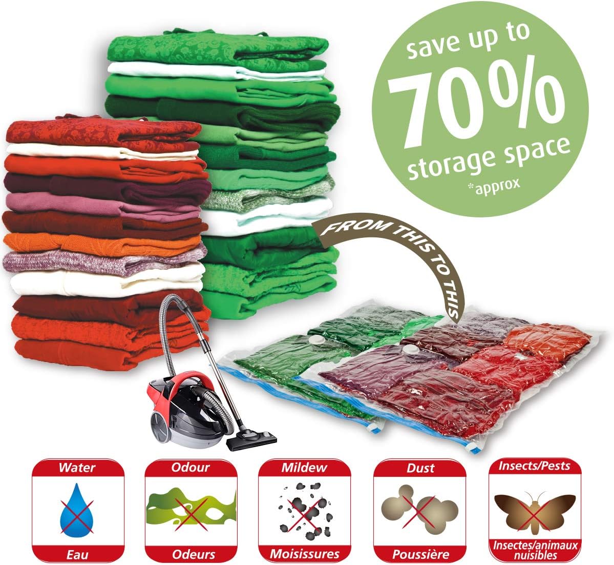 VacPack Space Saver Bags 30-Pack Vacuum Storage Compression Bags ( 5 Jumbo, 5 Large, 5 Medium, 5 Small, 5 Suitcase Travel Bags, 5 Carry-on Travel Bags and 1 hand pump)