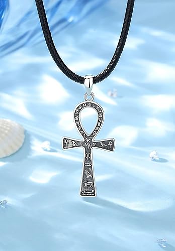 Vista 3 de EUDORA Sterling Silver Ankh Cross Necklace for Women Men, Egyptian Grim Reaper Anubis Pendant Amulet Energy Necklaces Vintage Ancient Egypt Runes