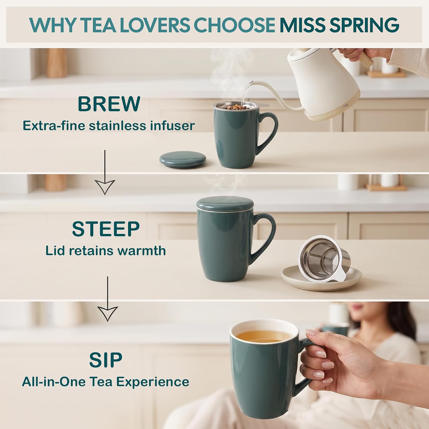 Tea Infuser Mug w/Lid, Heat Resistant Ceramic Travel Mug, 12oz