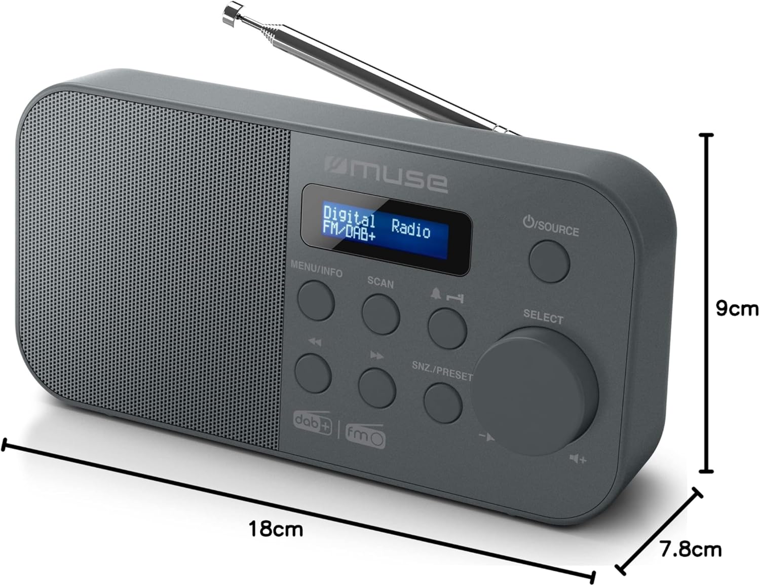 MUSE M-109 DAB+ Radio with dimensions