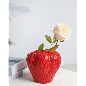 DN DECONATION Strawberry Vase Decorative Red Ceramic Flower Vase Strawberry Decor Modern Strawberry Vase Table Decoration Aesthetic Vase for Pampas Grass Living Room Home Decoration