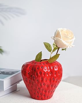 DN DECONATION Red Strawberry Vase, Ceramic Flower Vase for Table Home Decor