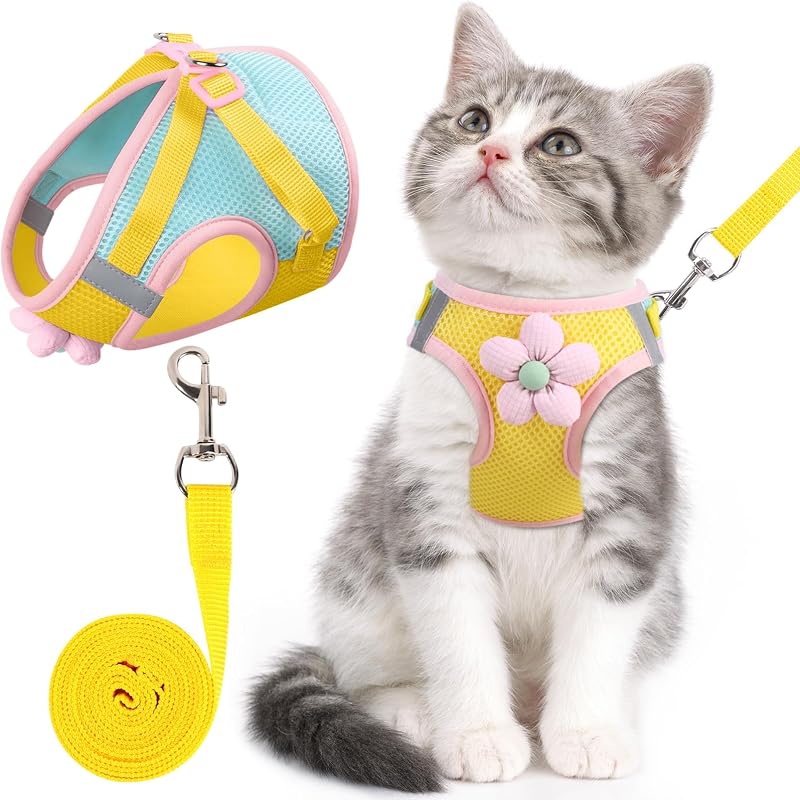 Peitoral para Gatos com Guia, Malha Macia e Faixa Refletiva NCMAMA Amarelo XS