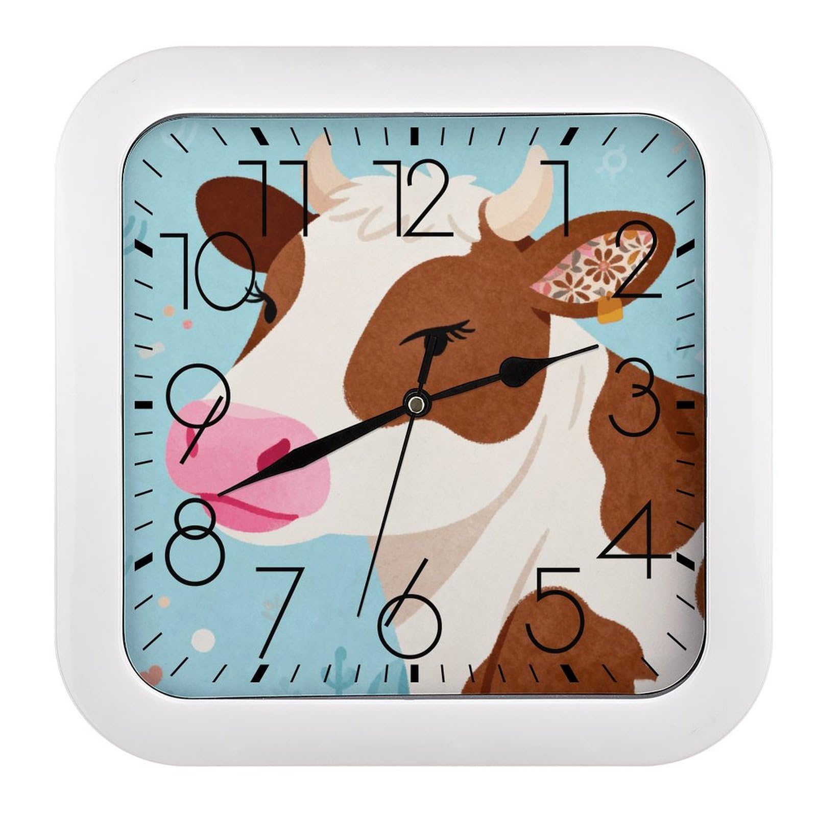 LZQPOEAS Cow Head with Pink Mouth Square Wall Clock, 10.2 Inch Battery Operated Silent Non-Ticking Wall Clock, Square Analog Decorative Clock for Home Wall Art, Living Room, Bedroom, and Office