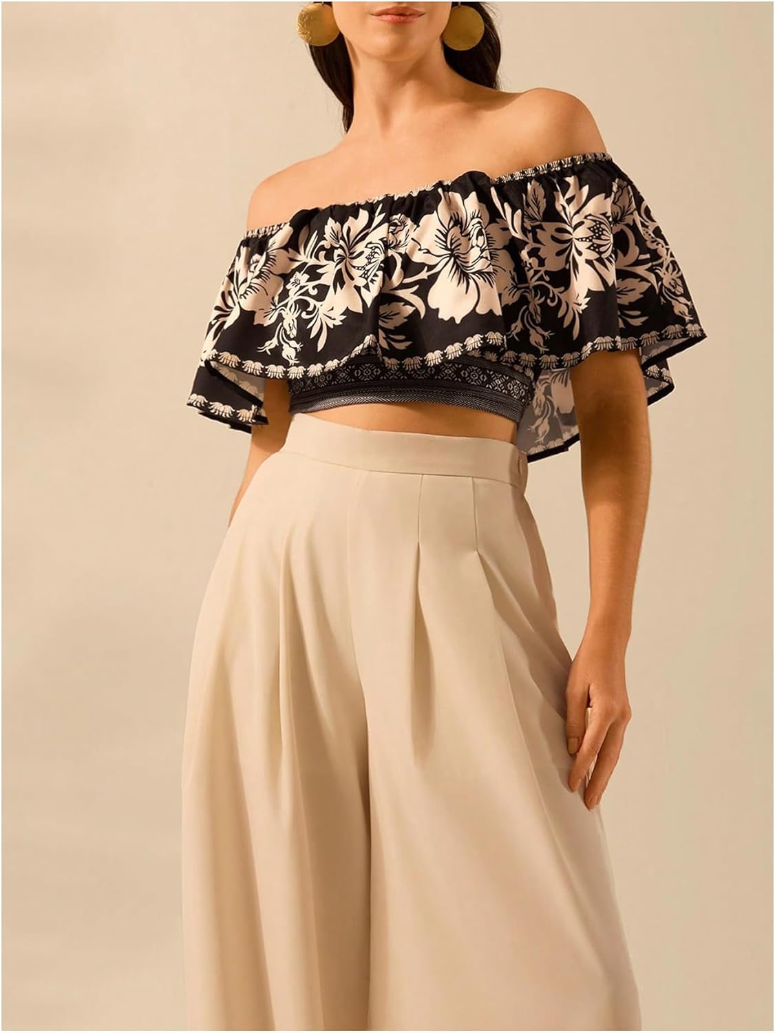 SweatyRocks Women's Boho Off The Shoulder Crop Tops Ruffle Floral Summer Blouses - Image 5