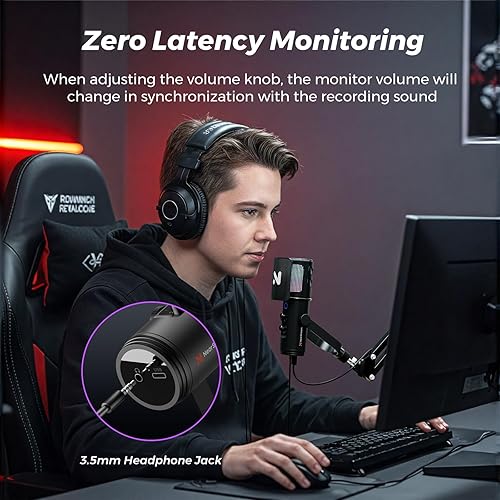 Miniatura 8 de NearStream Micrófono RGB para juegos para PC con cancelación de ruidomonitorsilenciogananciafiltro pop extraíble, micrófono de condensador USB con