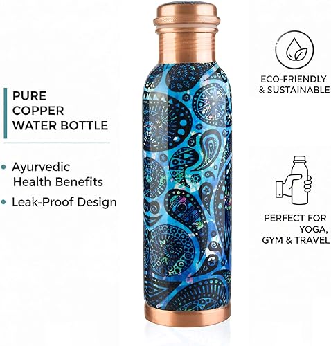 Miniatura 5 de Botella de agua de cobre con estampado puro, a prueba de fugas, recipiente de cobre ayurvédico para deportes, gimnasio, aire libre, yoga, beneficios