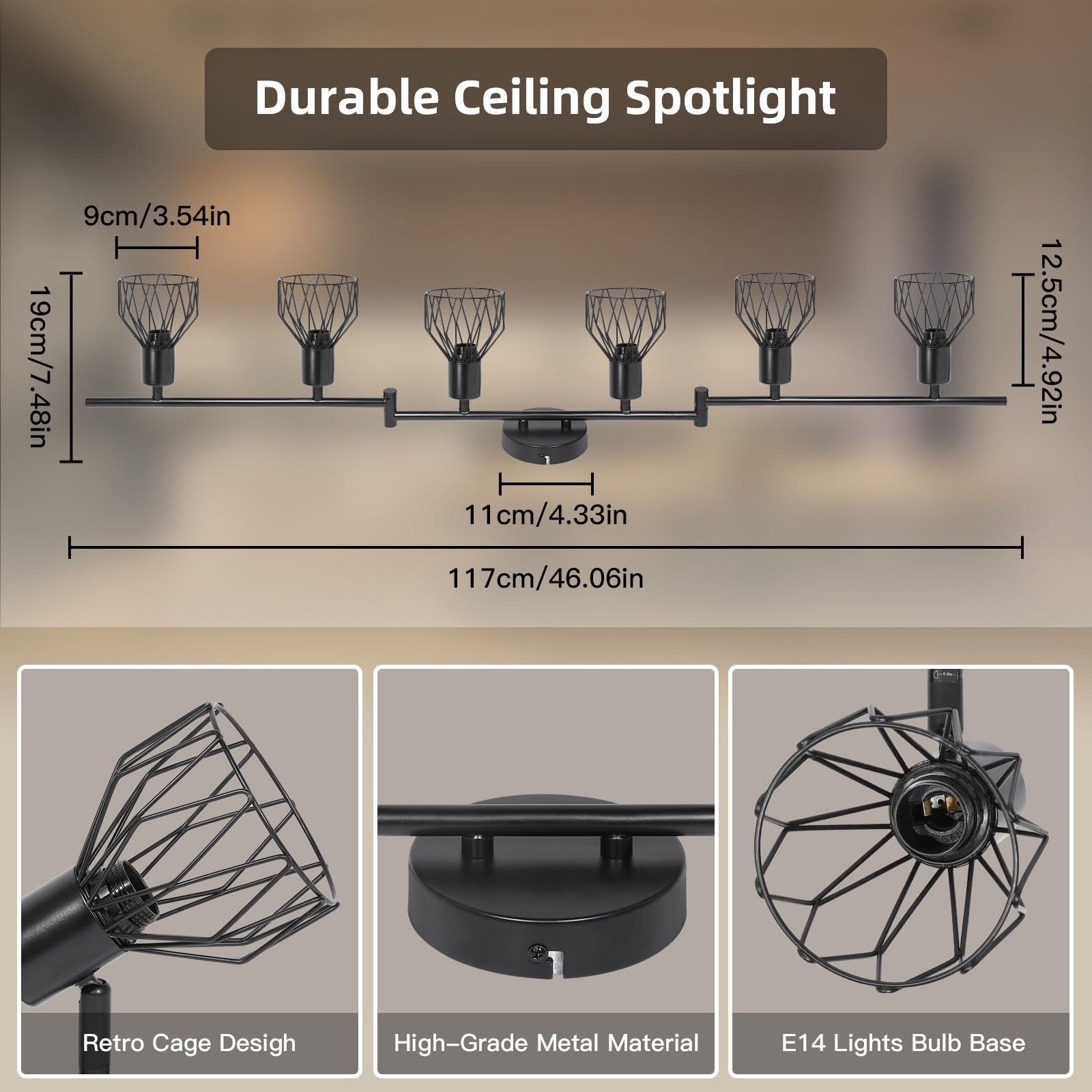 Dehobo Plafonnier LED, Spot Plafonnier Orientable avec Douille E14, Rampe Spots et Rails de Spots avec Abat-Jour en Maille Métallique, sans Ampoules, Plafonnier 3 Spots Industriel pour Cusine Chambre