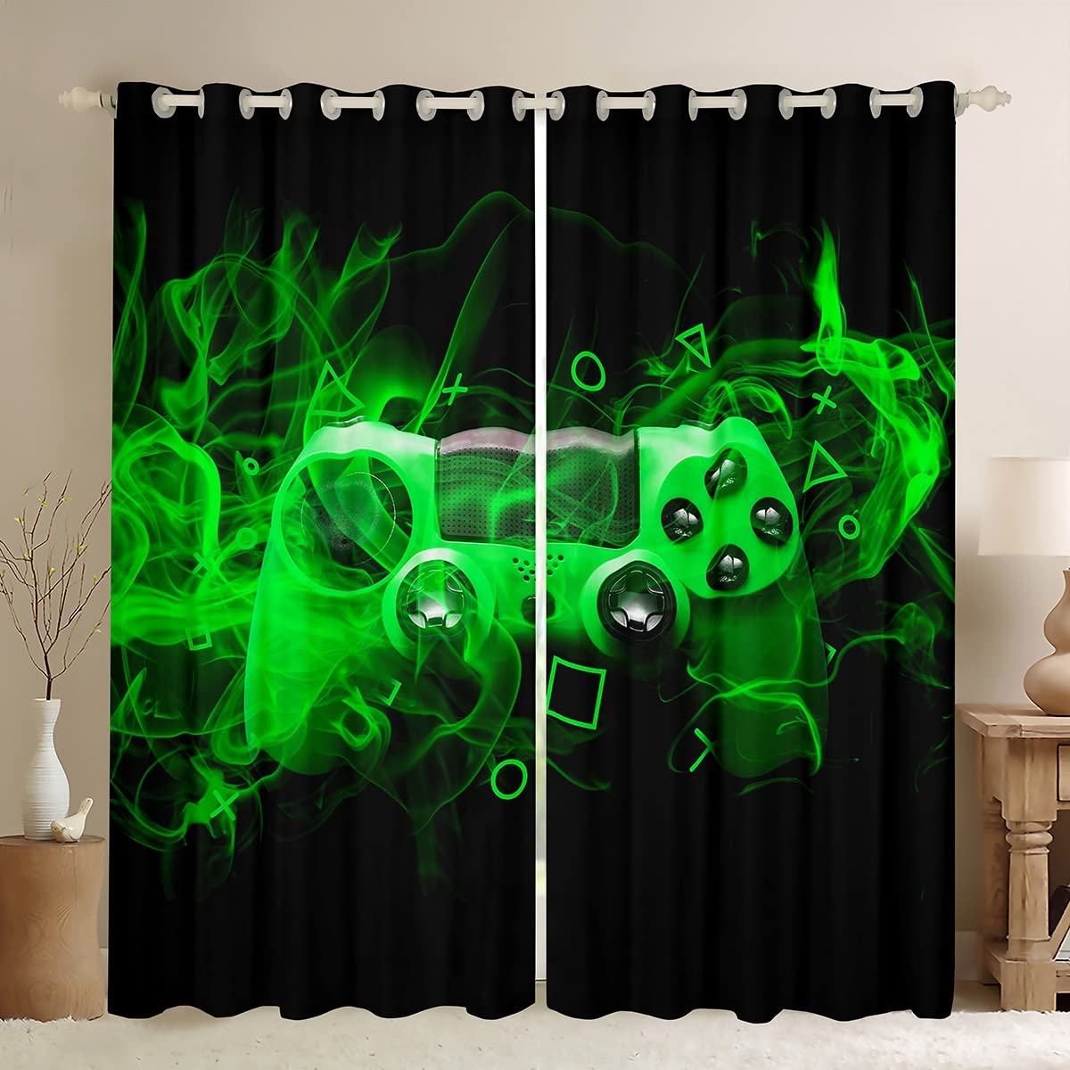 Homemissing Youth Gamer Window Drapes Kids Gamer Curtain Game Controller Window Treatments Gaming Console Window Curtains Green Black W46*L72