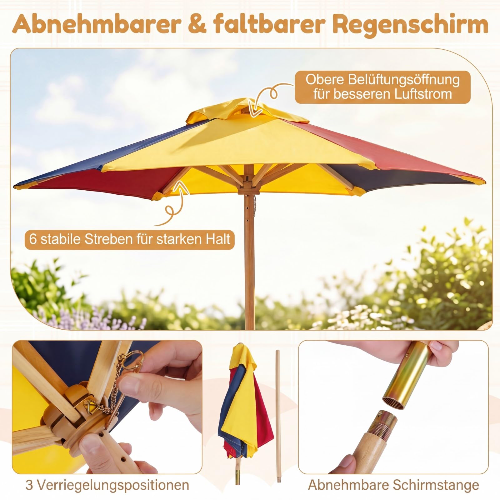 COSTWAY Kindersitzgruppe Outdoor mit Sonnenschirm, Picknicktisch Kinder mit Tisch & 2 Sitzbänken, Kindersitzgarnitur Garten für 4 Kinder, Sitzgruppe aus Tannenholz für Jungen & Mädchen ab 3 Jahren