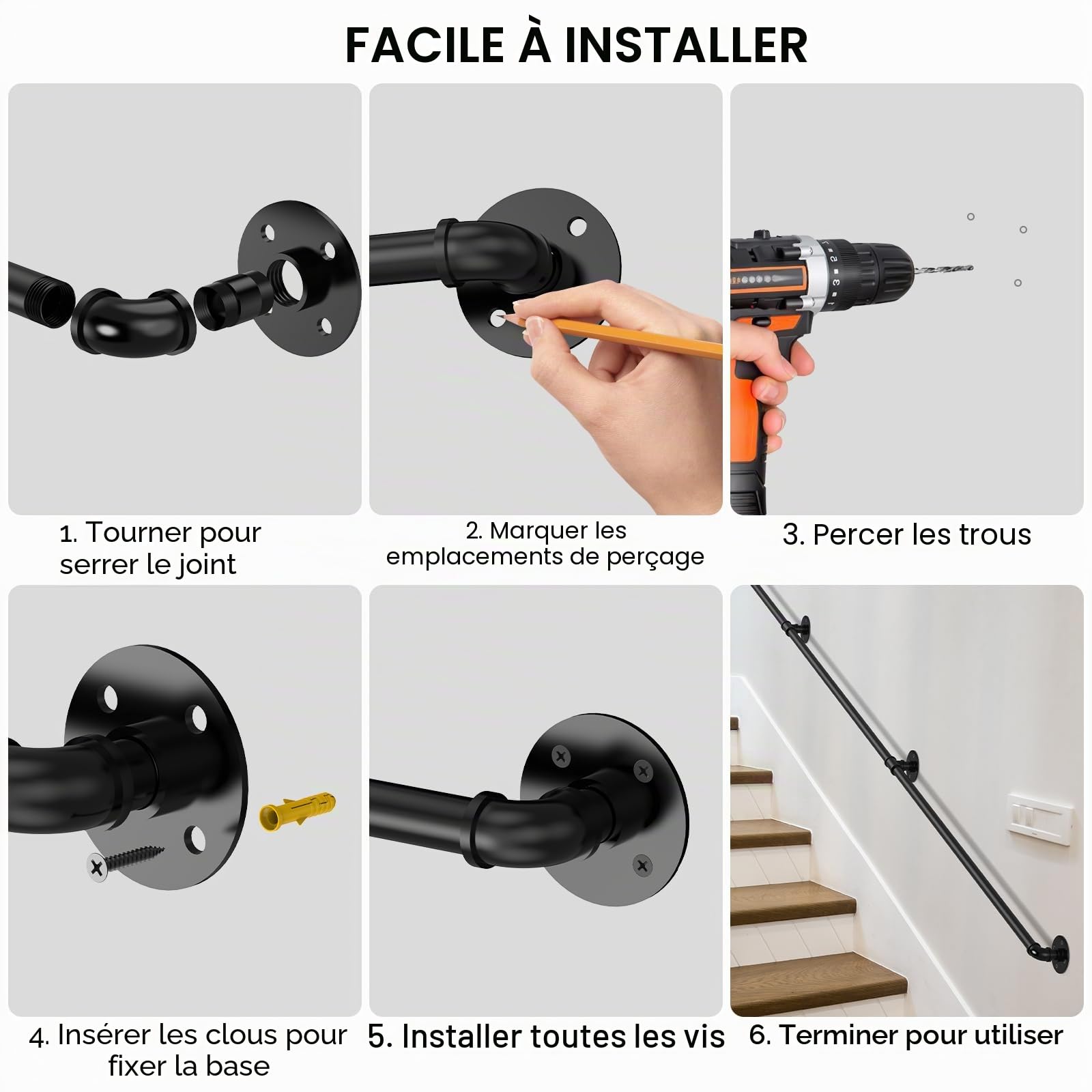 3M Main courante d'escalier pour intérieur et extérieur, rampe antidérapante en fer forgé avec design industriel, Main courante d'escalier murale de sécurité robuste pour personnes âgées, handicapés