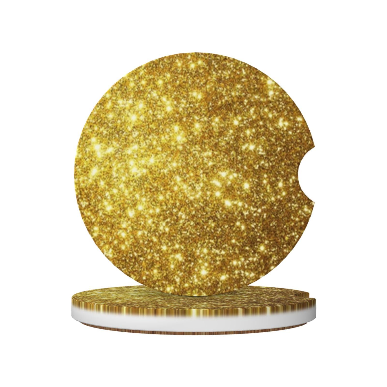 Golden Bling Glitter Print, Car Cup Holder Coasters 2 Pack, Absorbent Ceramic Car Coasters with Non Slip Cork Base