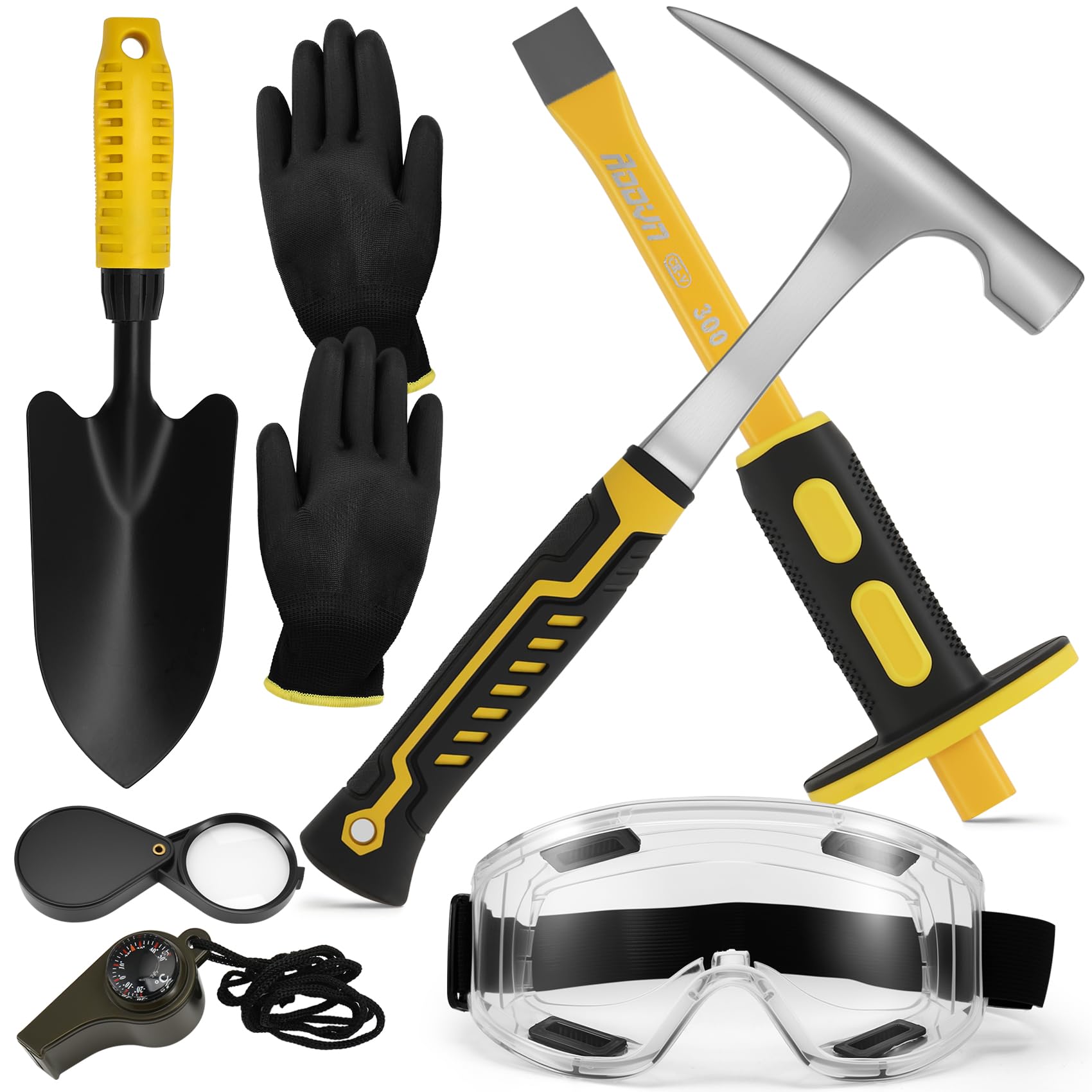 Yocdunm Silver 7 Pcs Geology Rock Hammer And Chisel Kit, Hammer & Digging Chisel, Whistle, Shovel,Safety Glasses, Jewelers Loupe And Gloves, Rock Hounding Equipment Set For Hounding Stone Breaking