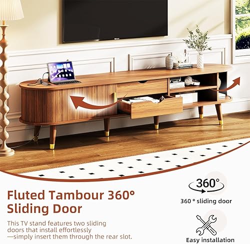 Miniatura 24 de Soporte de TV de 70 pulgadas con toma de corriente para sala de estar, consola multimedia con estación de carga, consola de TV con puerta corrediza